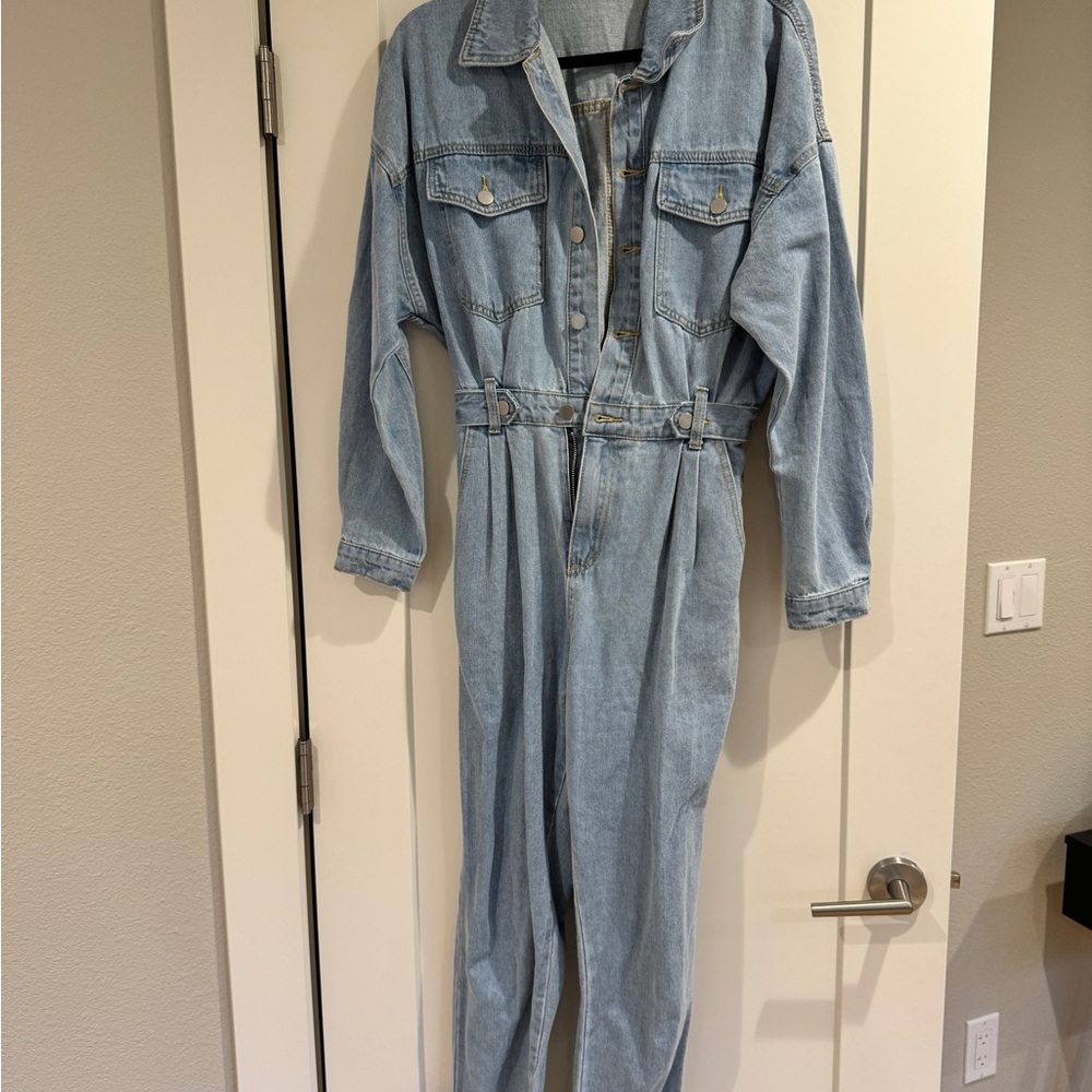 Classic Light Wash Denim Jumpsuit - Light Blue
